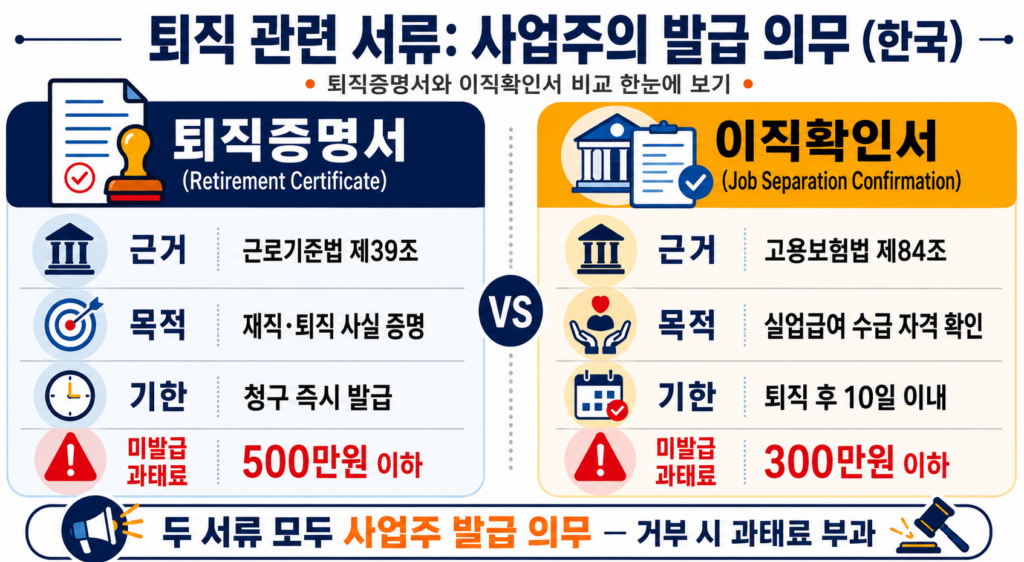 퇴직증명서와 이직확인서 발급의무와 비교