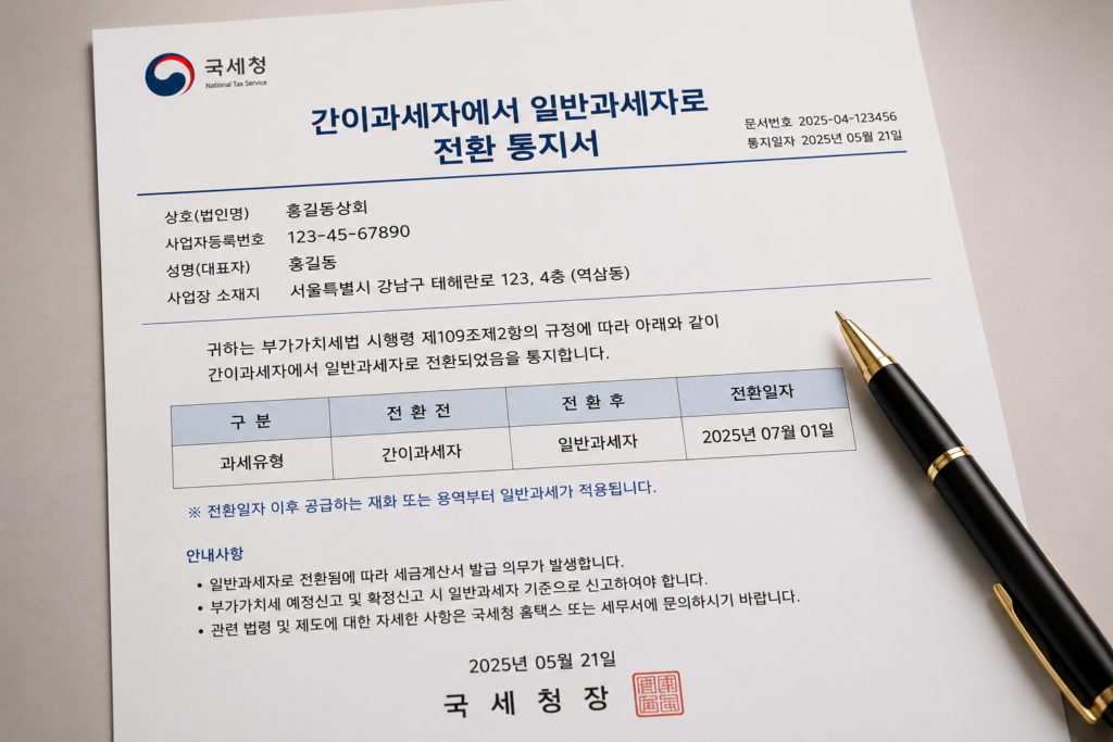 간이과세자에서 일반과세자로 전환통지
