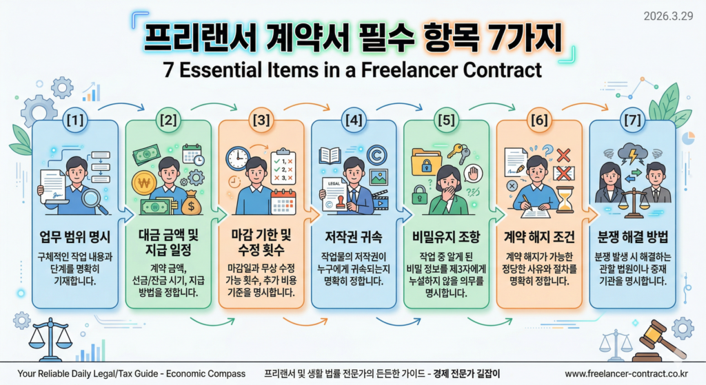 프리랜서 계약서 필수 항목, 대금 지급 기준 정리 2 프리랜서 계약서 필수 항목 7가지, 업무 범위·저작권·해지 조건까지 계약서에 꼭 넣어야 할 내용을 알려드립니다.